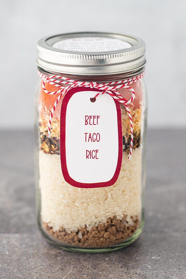 Beef Taco Rice in a Jar, wide-mouth mason jar in countertop with label.