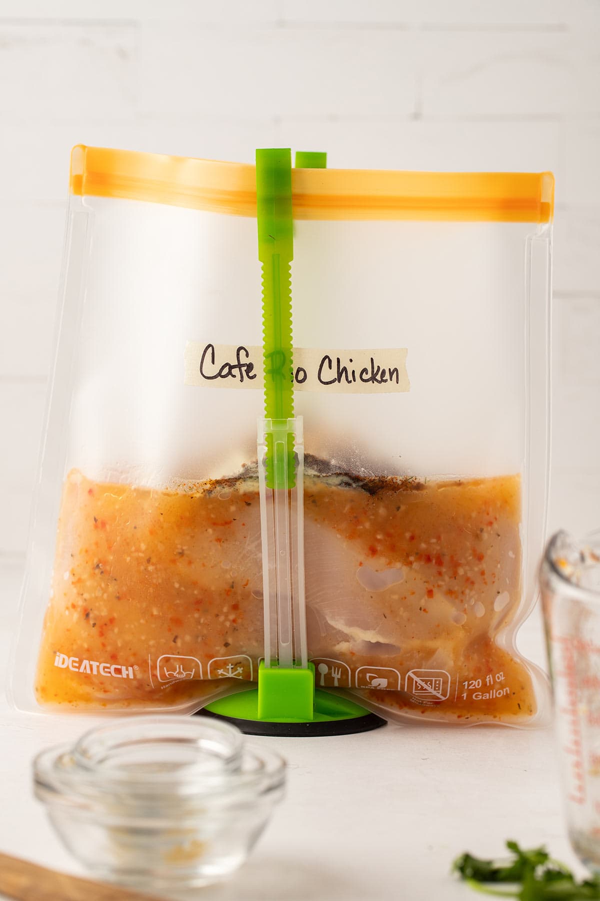 Ingredients for Copycat Cafe Rio Chicken in a ziptop freezer bag.