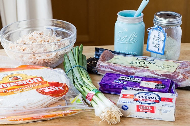 Ingredients to make Chicken Bacon Ranch Taquitos freezer meal.