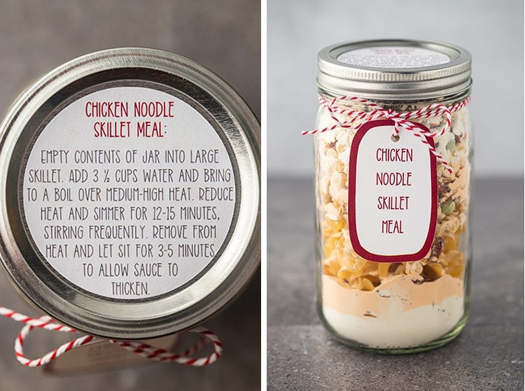 Collage of two photos showing the printable instruction label and optional gift tag for the Chicken Noodle Skillet Meal in a Jar.