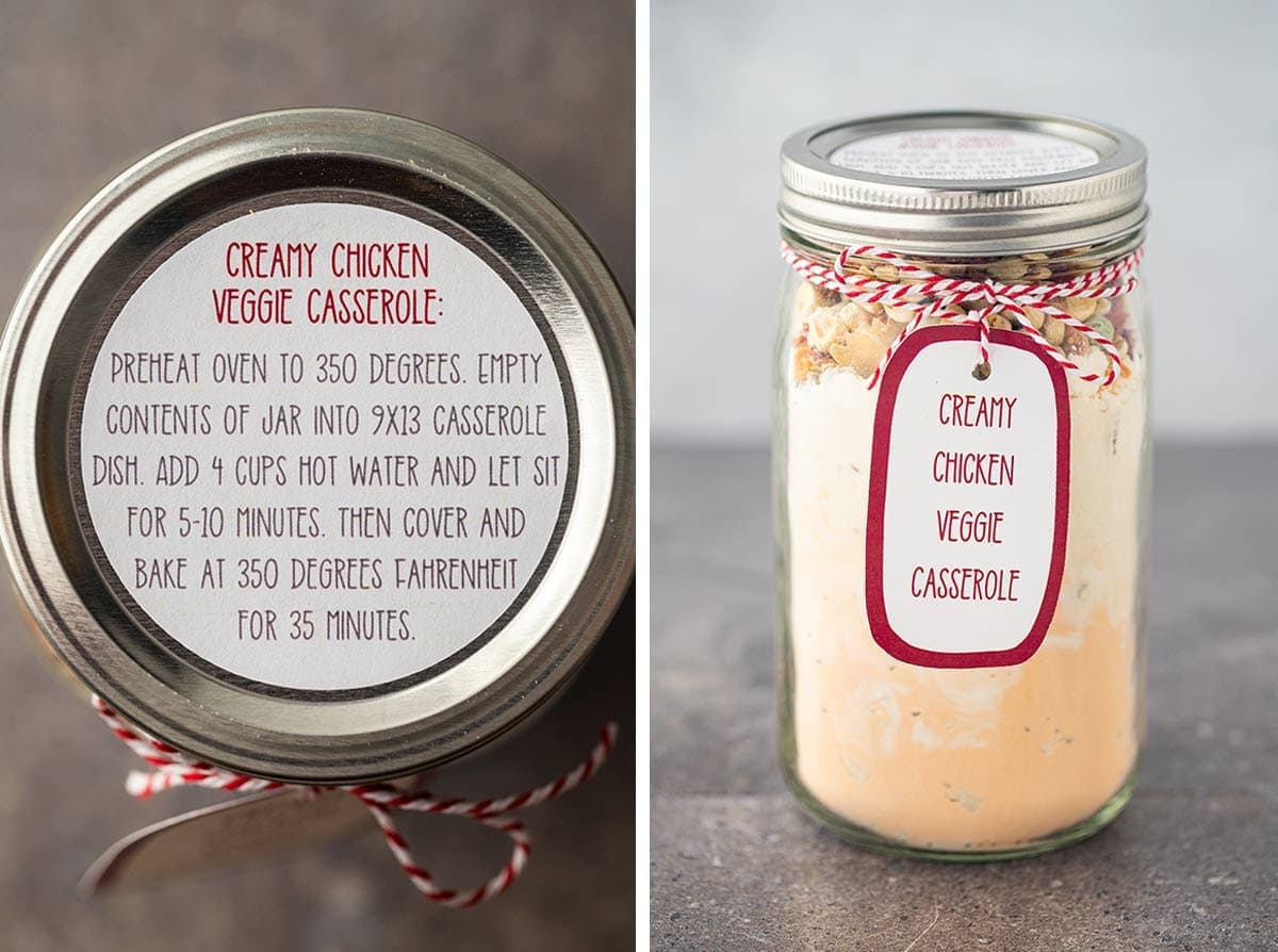 Side-by-side photos showing the instruction label on the top of the lid and the gift tag attached to the meal in a jar.