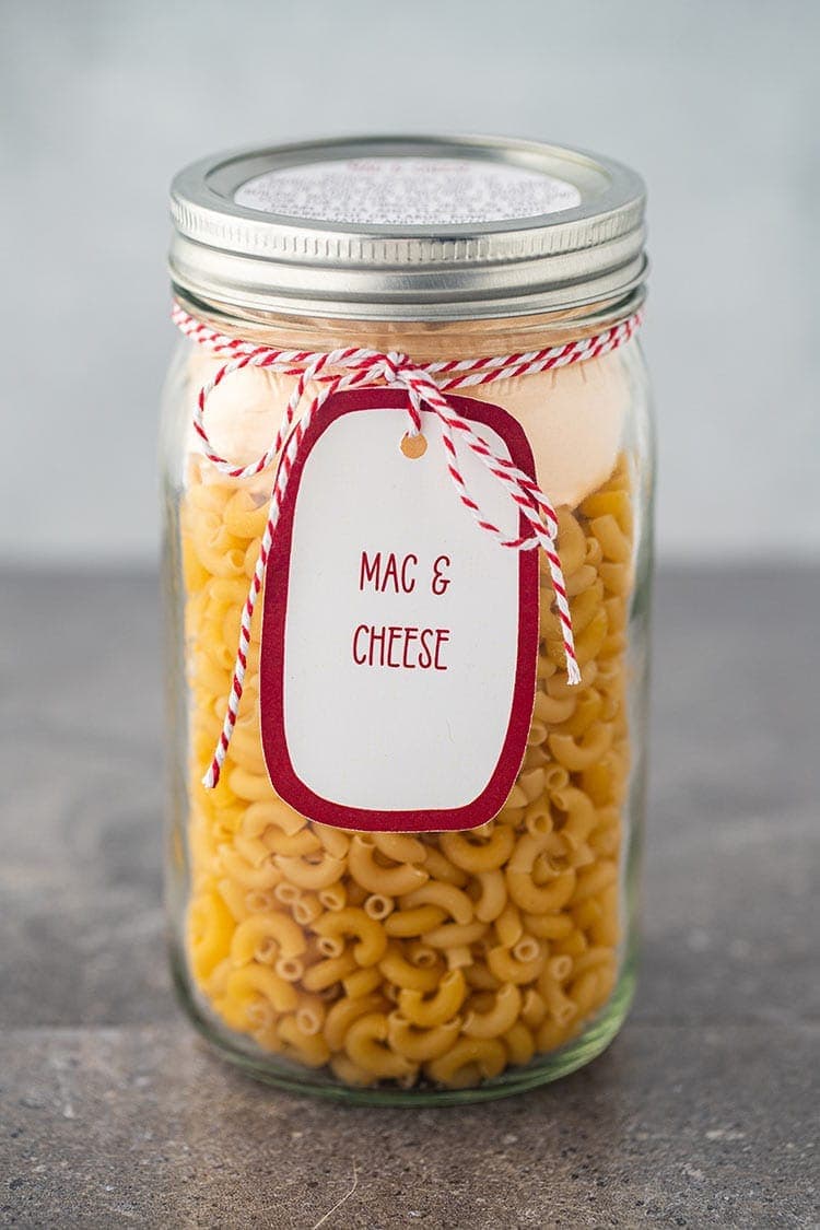 Mac & Cheese Meal in a Jar, in a wide-mouth mason jar, with label and gift tag.