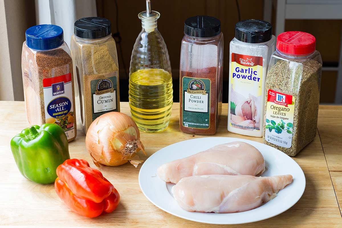 Ingredients needed to make Make-Ahead Chicken Fajitas on counter.
