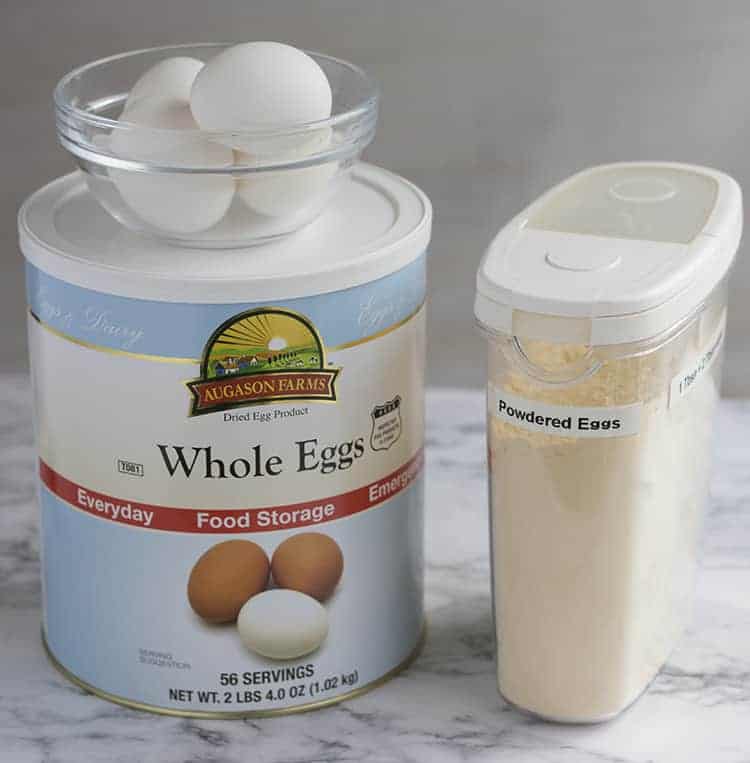Containers of powdered eggs, with bowl of real eggs sitting on top, to show substitution in recipe.