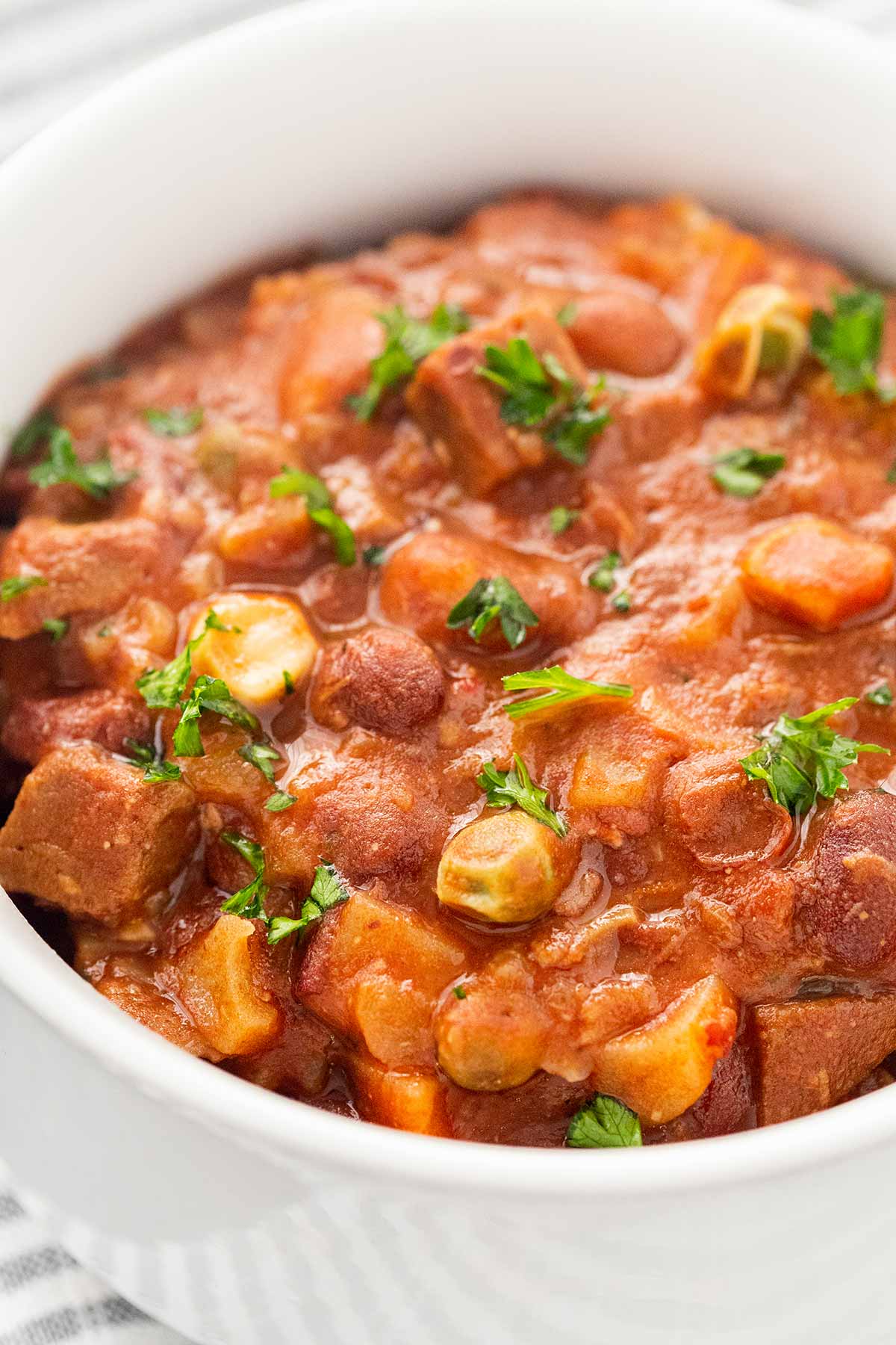 Close-up shot of Beef And Bean Stew Meal in a Jar ready to eat.