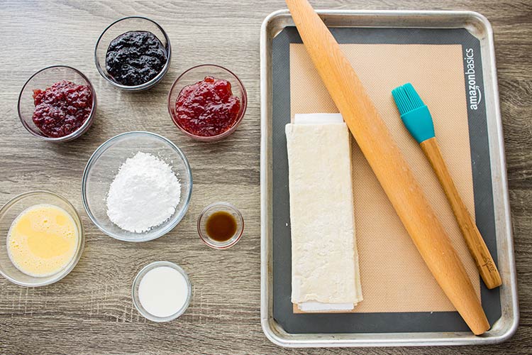 Ingredients and Equipment for making Easy Breakfast Pastries laid out on counter.