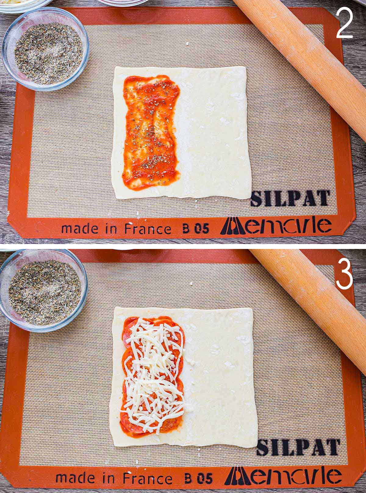 Collage showing steps of adding sauce, pepperoni, and cheese.