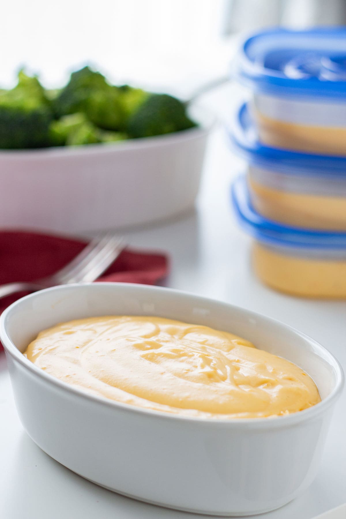 Freezer cheese sauce in containers ready to go into the freezer.