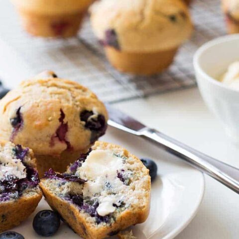 Make Ahead Muffin Mix buttered blueberry muffins