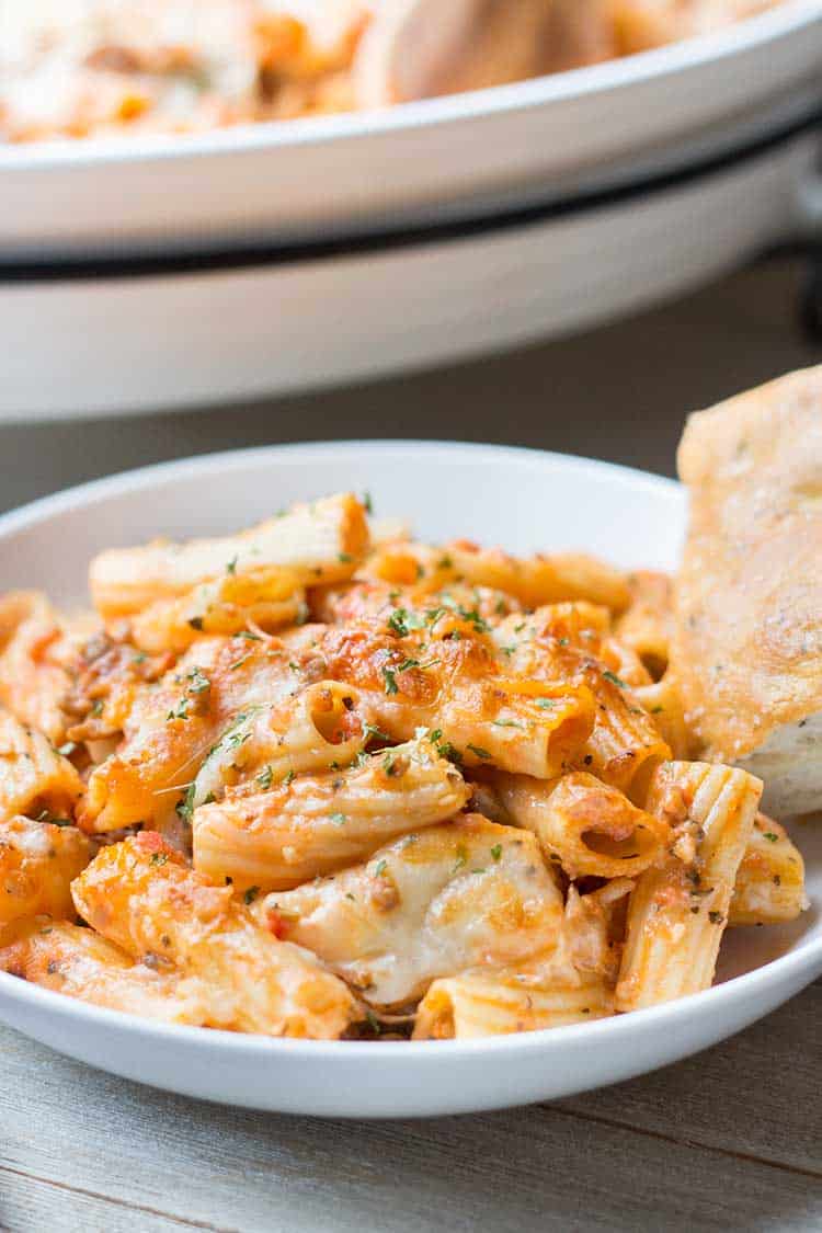 Baked Sausage & Cheese Rigatoni with bread