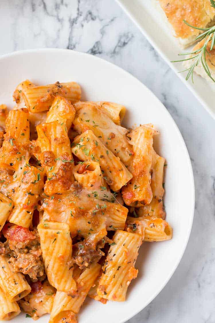 Baked Sausage & Cheese Rigatoni closeup