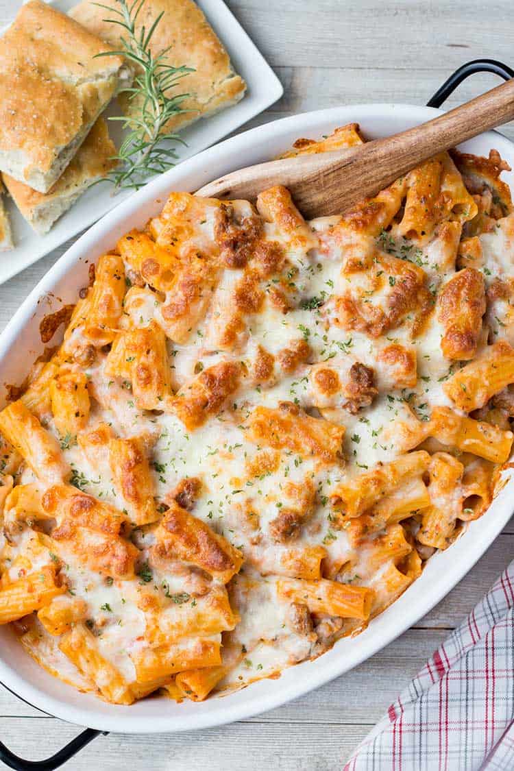 Baked Sausage & Cheese Rigatoni in casserole dish