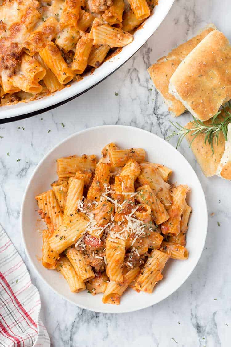 Baked Sausage & Cheese Rigatoni overhead plate