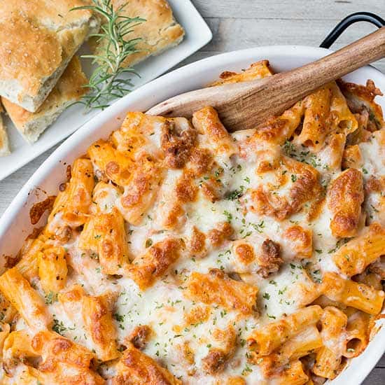 Overhead shot of Sausage and Cheese Rigatoni in casserole dish