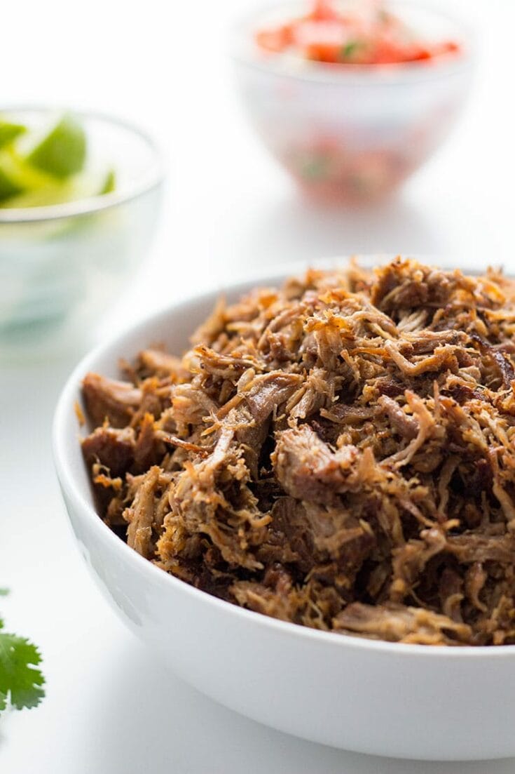 Mexican Pulled Pork Carnitas shredded in bowl with garnishes