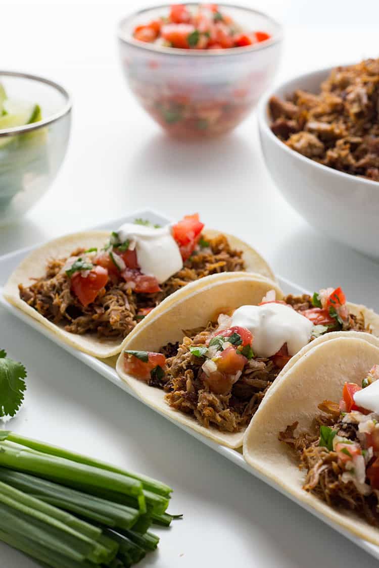 Mexican Pulled Pork Carnitas street tacos on plate