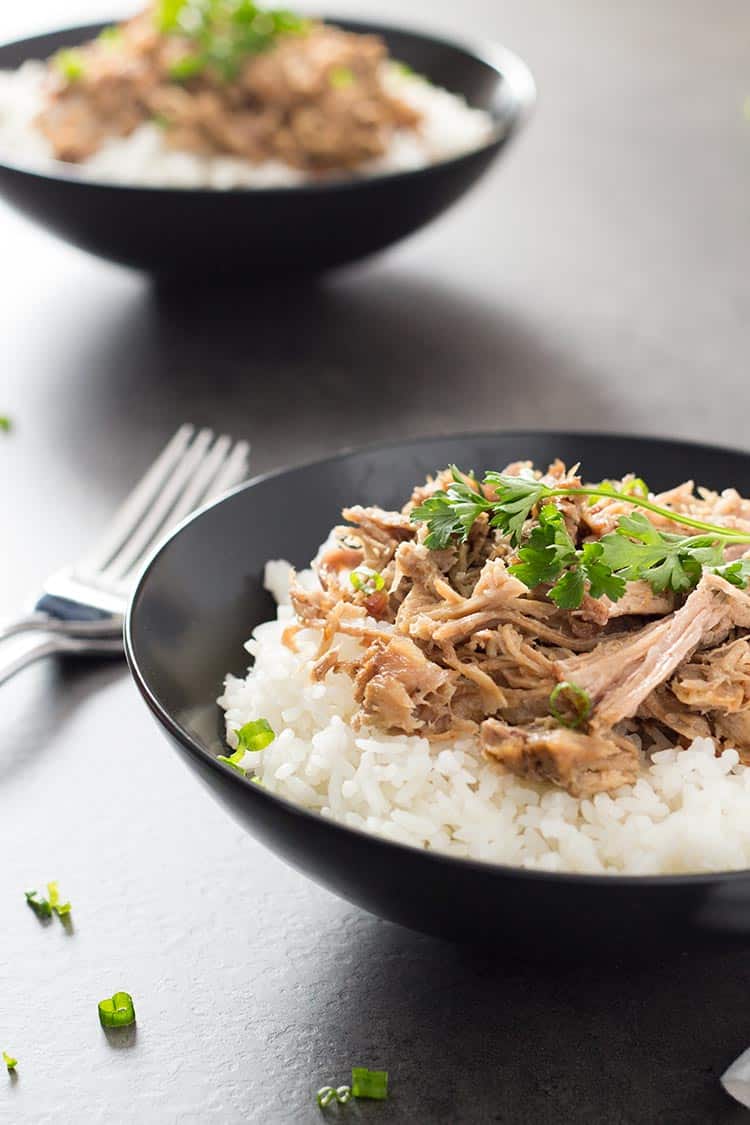 Easy Smokey Pulled Pork in bowls over rice