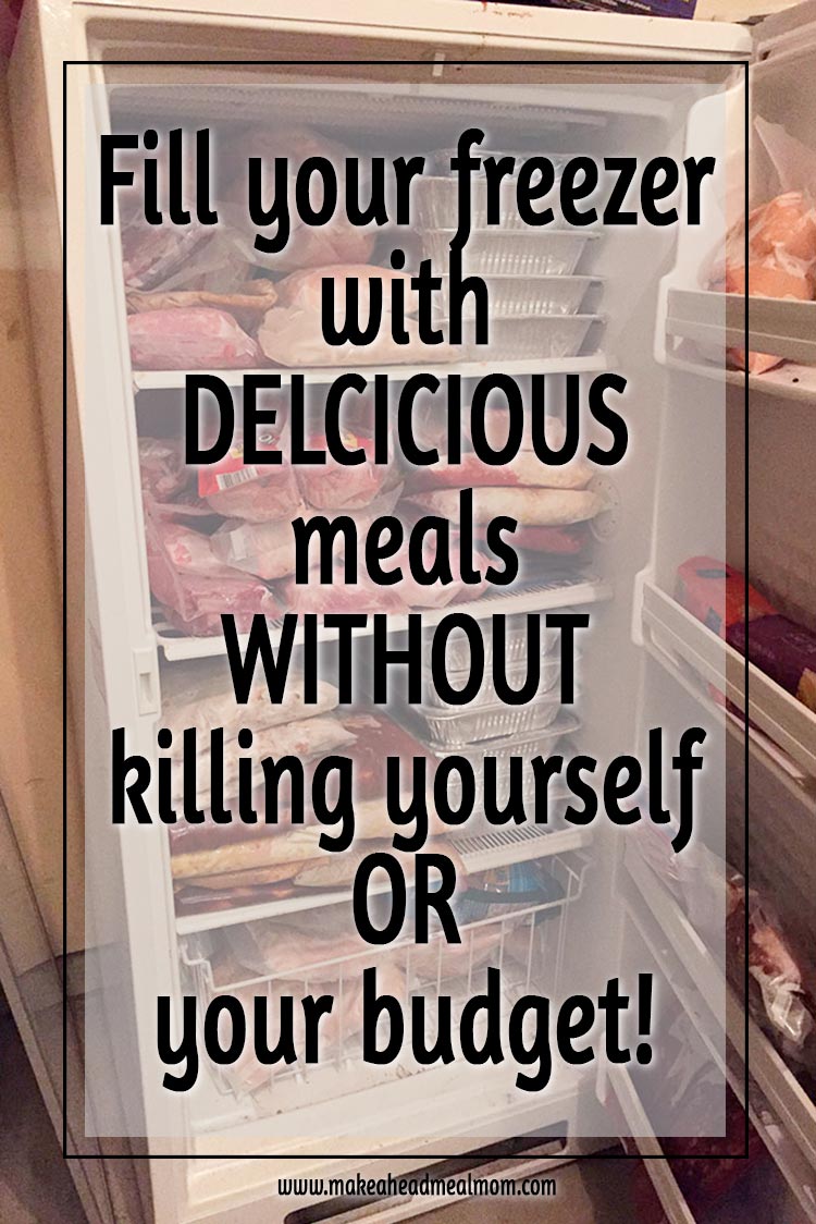 Picture of freezer full of freezer meals, with text overlay that says "Fill your freezer with delicious meals without killing yourself or your budget!"