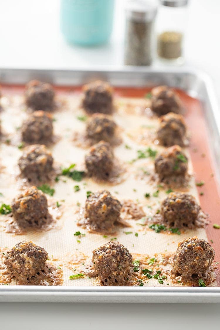 Easy Keto Meatballs on a baking sheet after coming out of the oven