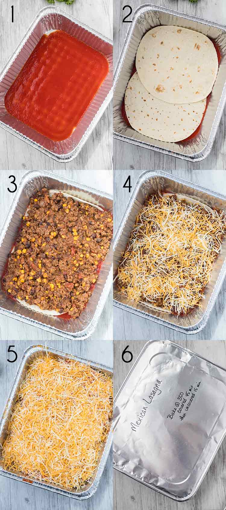 Collage of pictures showing a dish with the various layers of this Make-Ahead Mexican Lasagna