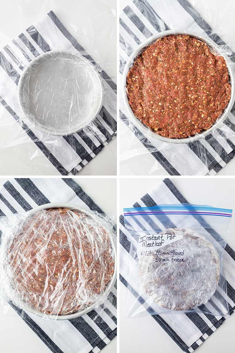 A collage of four photos showing how to prepare the Instant Pot Meatloaf for the freezer.