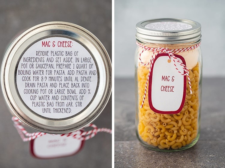 Collage photo showing label and gift tags for Mac & Cheese Meal in a Jar.