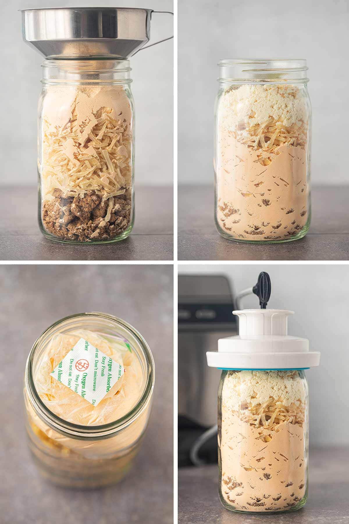 Collage of four photos showing the stages of filling dry ingredients into the mason jar for the Potato Cheese Sausage Casserole meal in a jar.