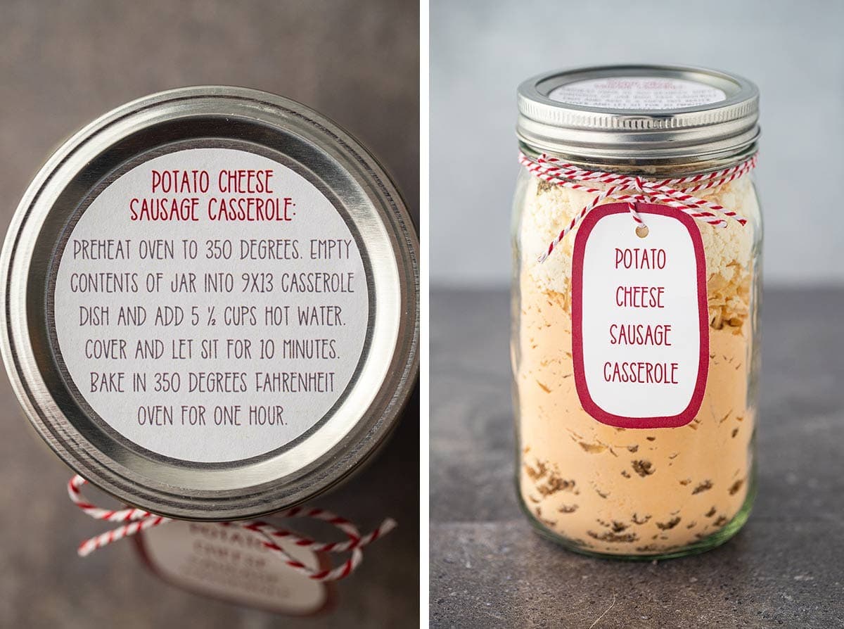 Collage of 2 photos side by side showing the top label of the jar with cooking instructions, and in the next photo, the printed jar label tied to the front of the meal in a jar for giving as a gift.