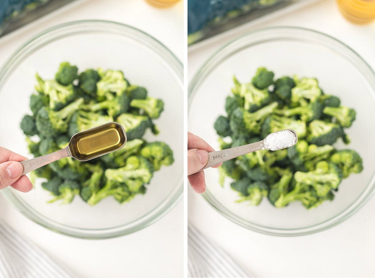 Two photos showing addition of oil and salt to bowl of broccoli.