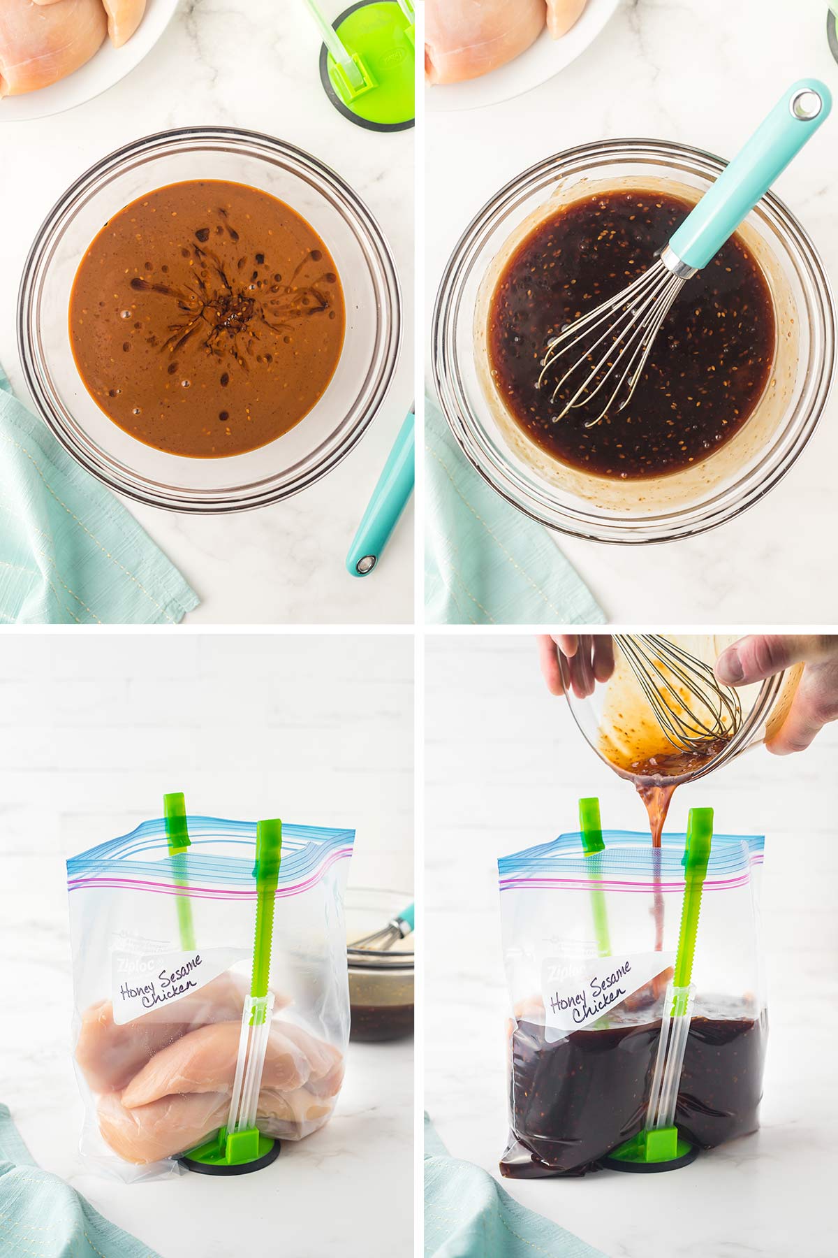 Collage of four pictures showing the steps for preparing the honey sesame chicken as a freezer meal.