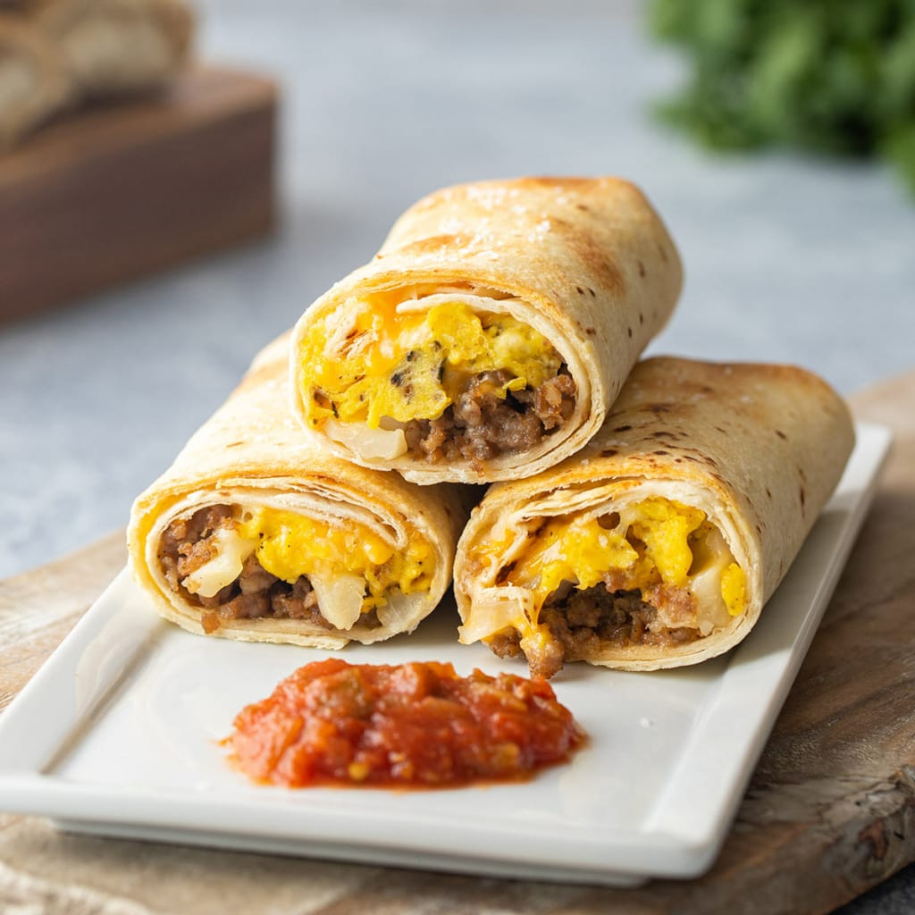 Freezer breakfast burritos stacked on a white rectangular plate with salsa.