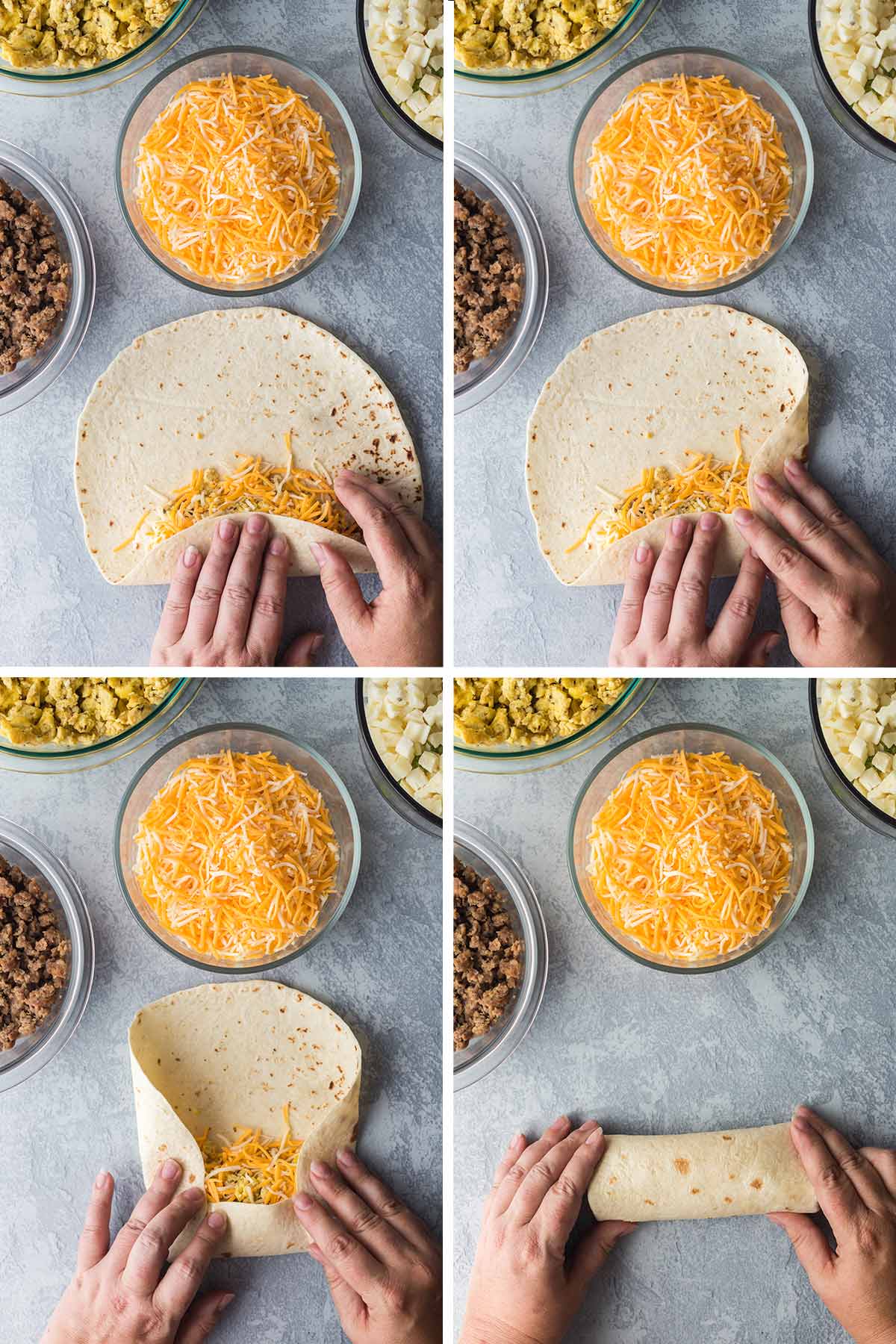 Collage of overhead shots showing how to fold and roll a burrito.