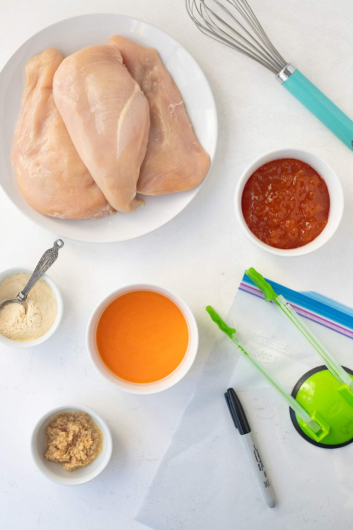 Overhead shot of ingredients needed to make Apricot Preserves Chicken Recipe.