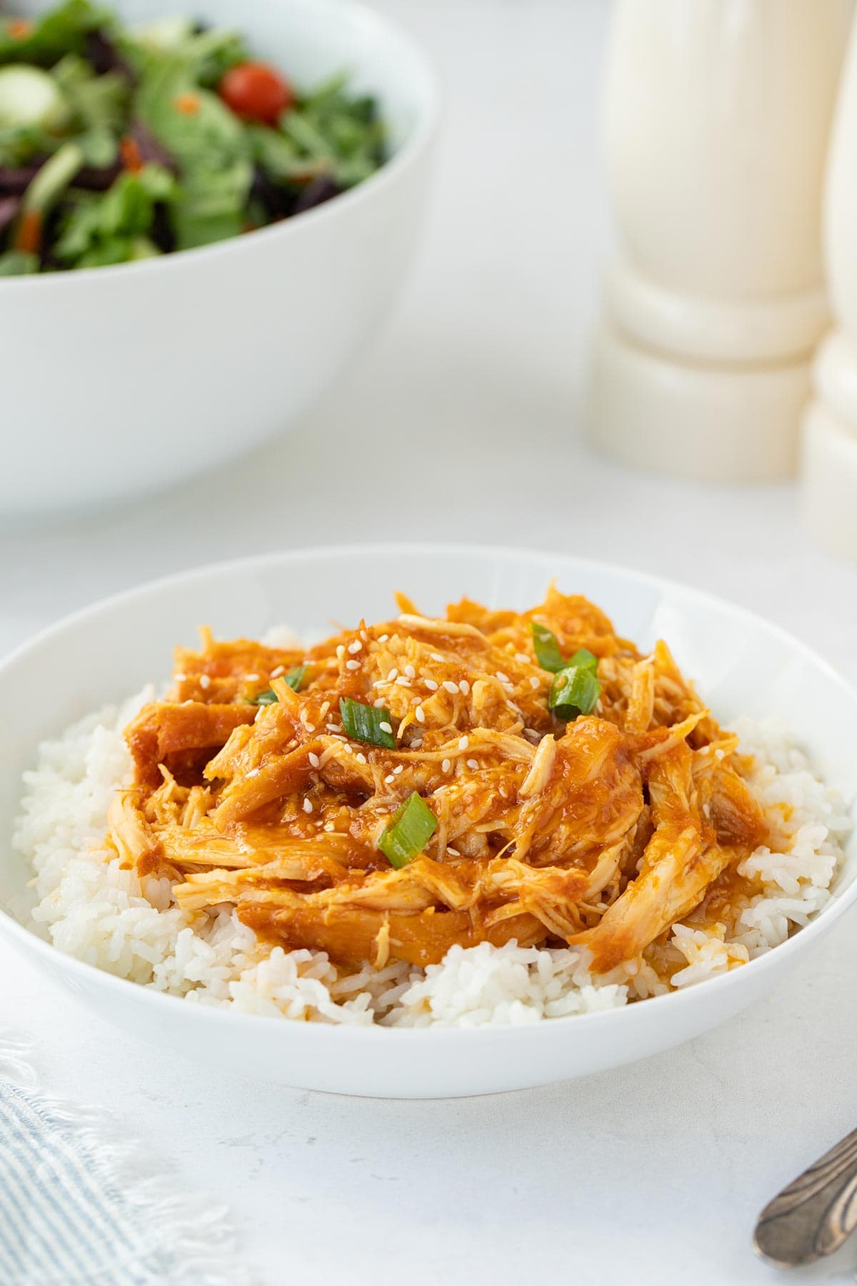 Shredded Slow Cooker Apricot Chicken plated for dinner.