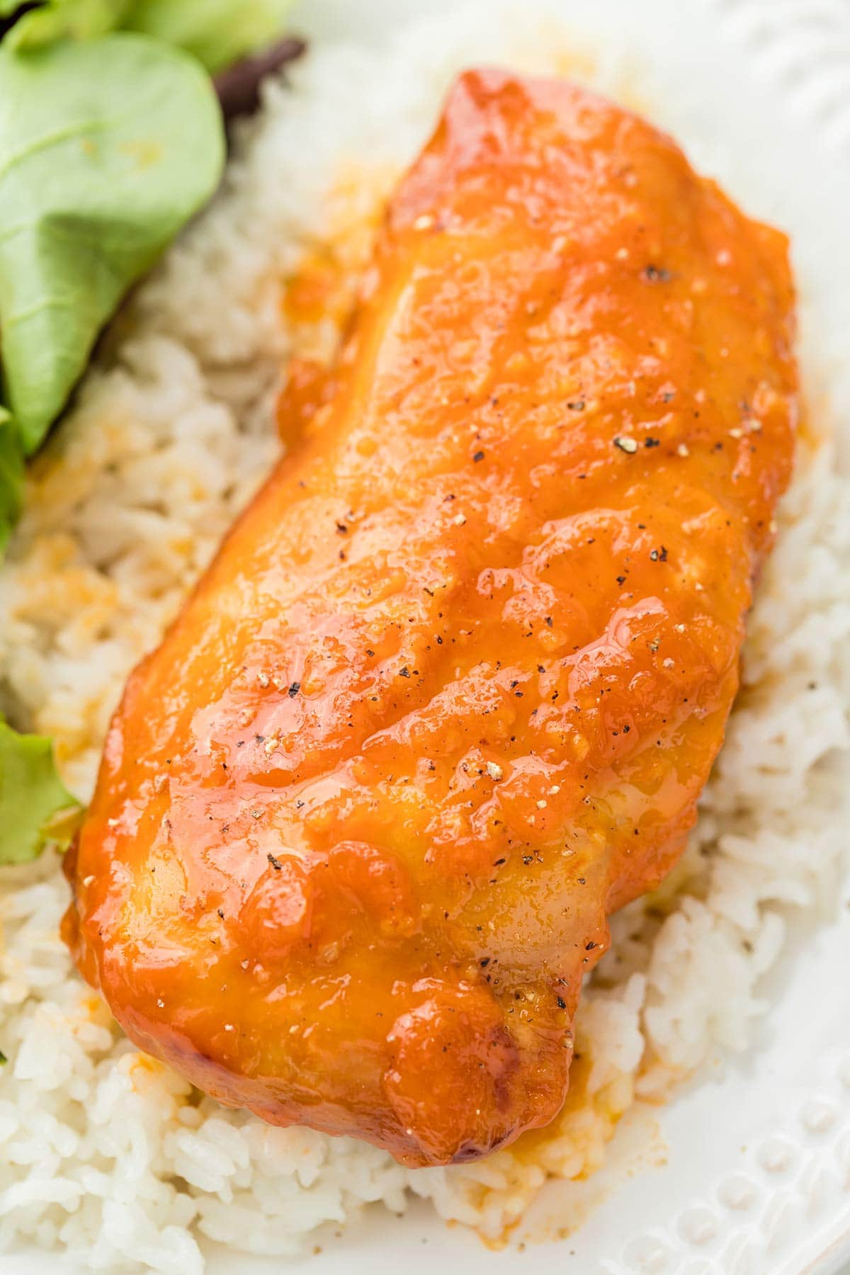 Close up of Crockpot Apricot Chicken cooked.