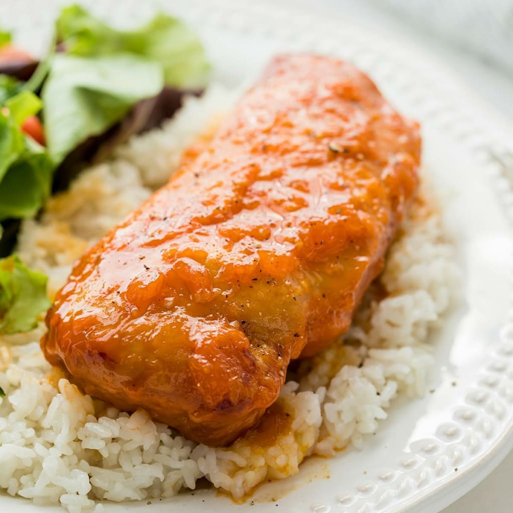 Slow Cooker Apricot Chicken freezer meal, cooked and plated.