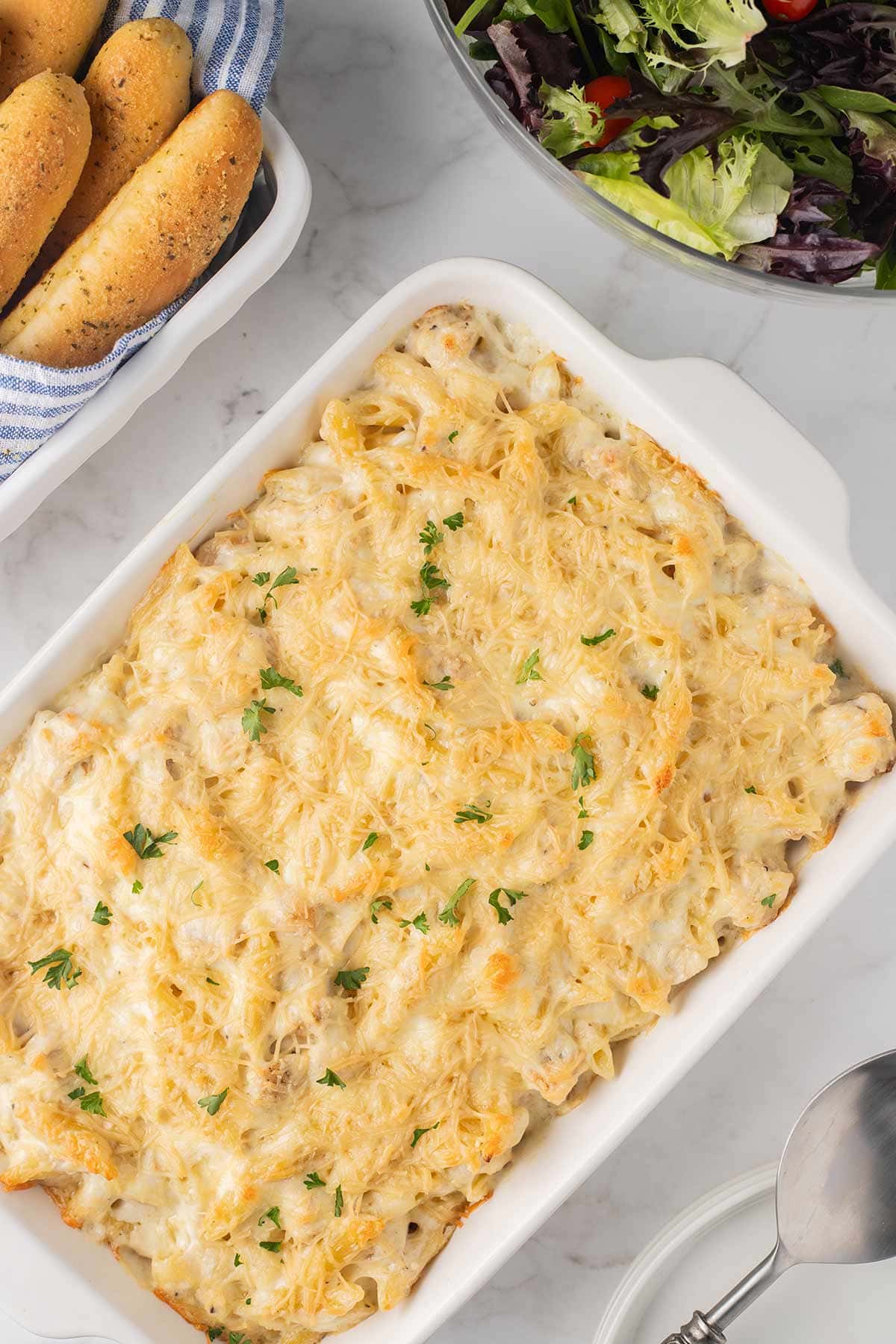 Overhead shot of baked Chicken Alfredo Bake ready for serving.