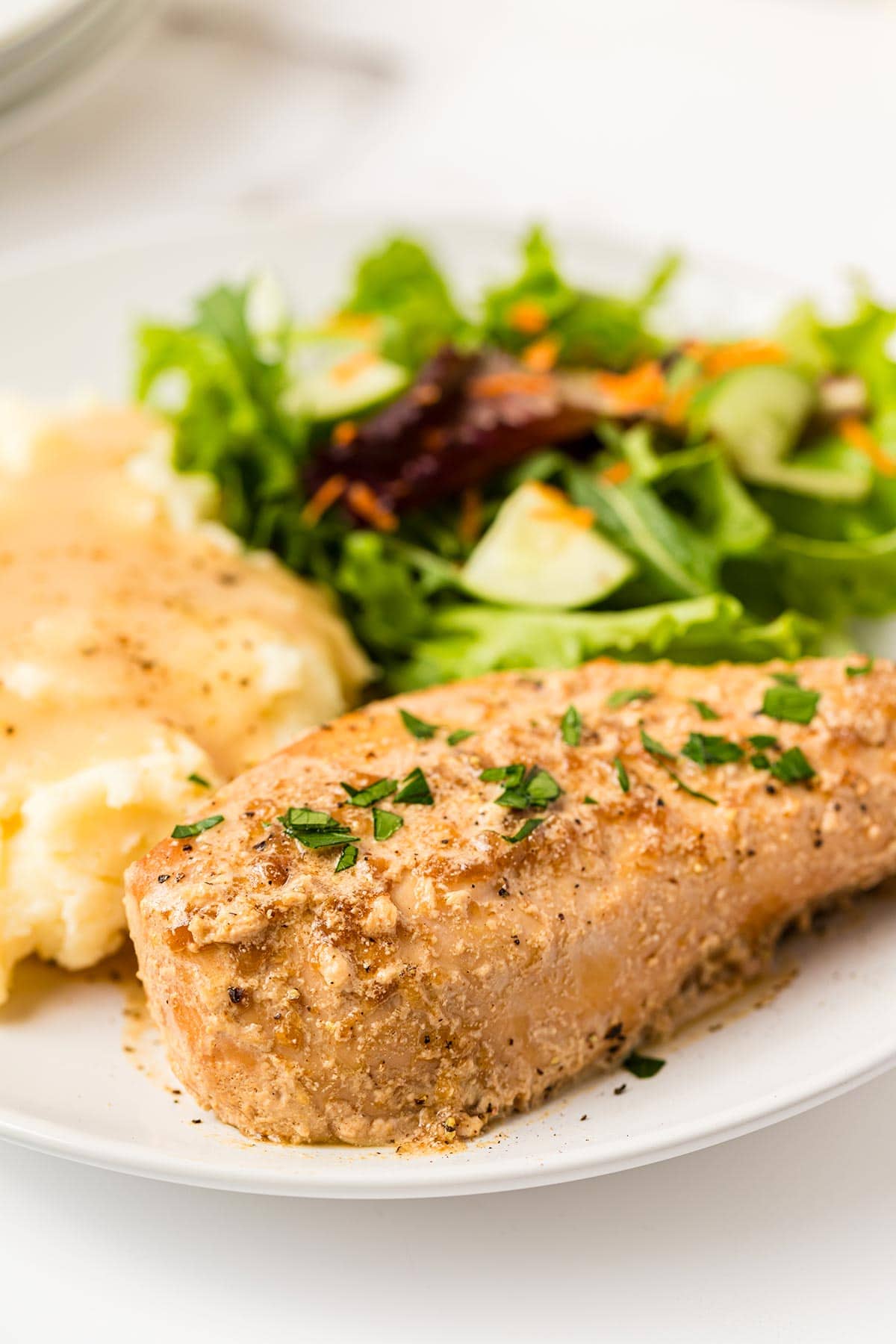 Slow Cooker French Onion Chicken Freezer Meal on a plate with potatoes and green salad.