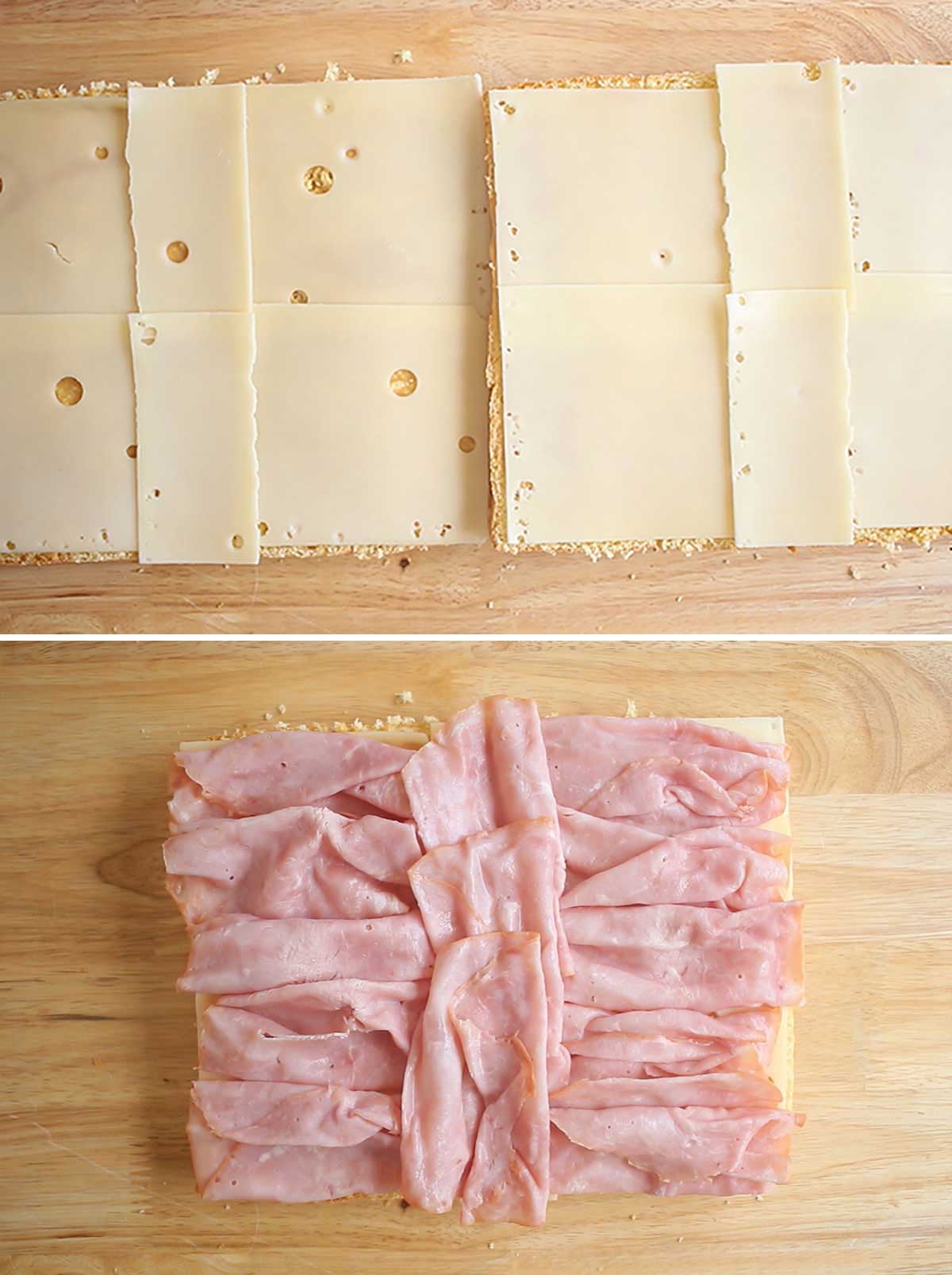 Overhead process collage of the cheese and meat layers for make ahead sliders.