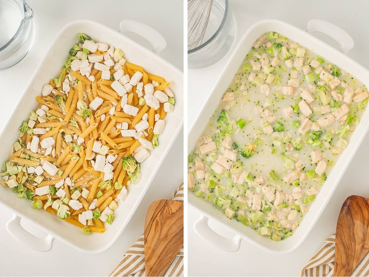 Collage shot showing the steps to making the Chicken Broccoli Alfredo meal in a jar for eating.