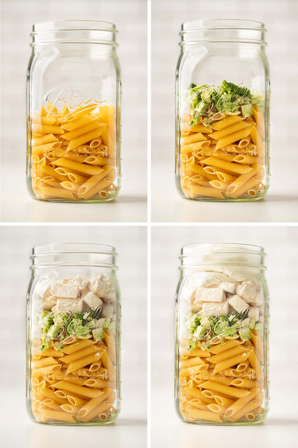 Collage of photos showing the process of adding ingredients for Chicken Broccoli Alfredo Meal in a Jar.