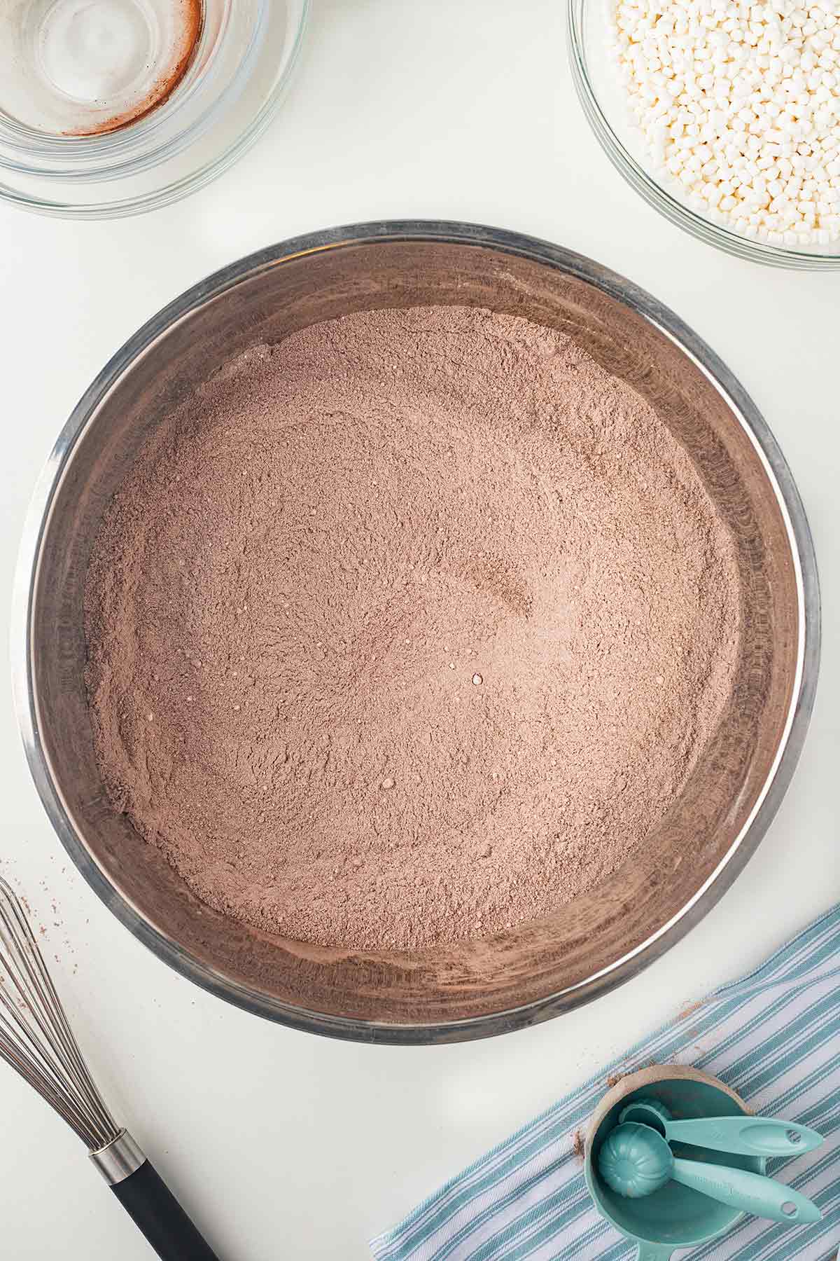 Overhead shot of hot chocolate mix in a large bowl.