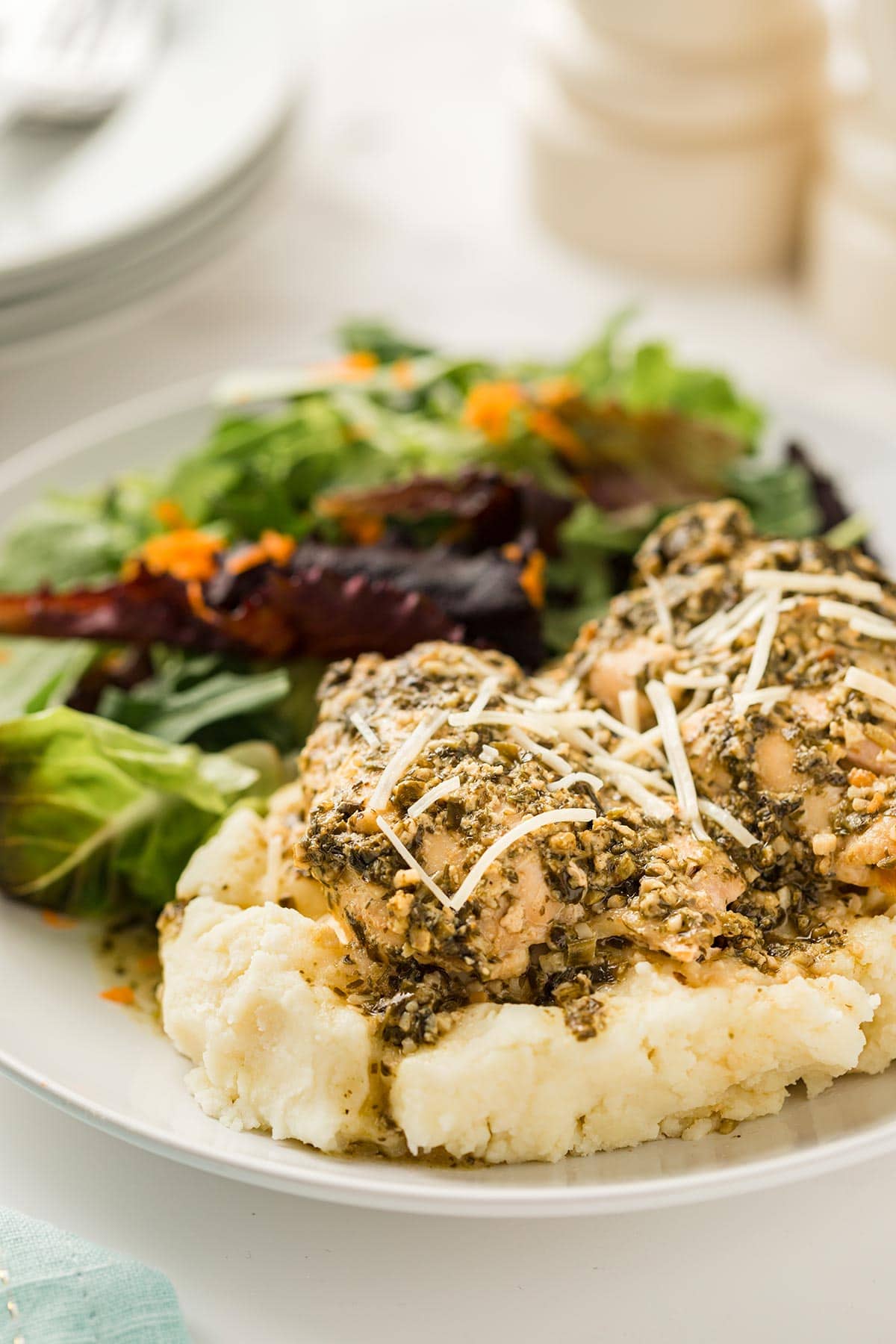 5-ingredient freezer meal recipe Pesto Ranch Chicken - cooked and plated.