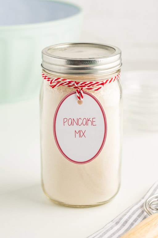 Picture of Buttermilk Pancake Mix in a Jar with an oval label tied on the front.